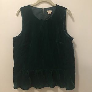 J Crew Green Velvet Peplum Sleeveless Top